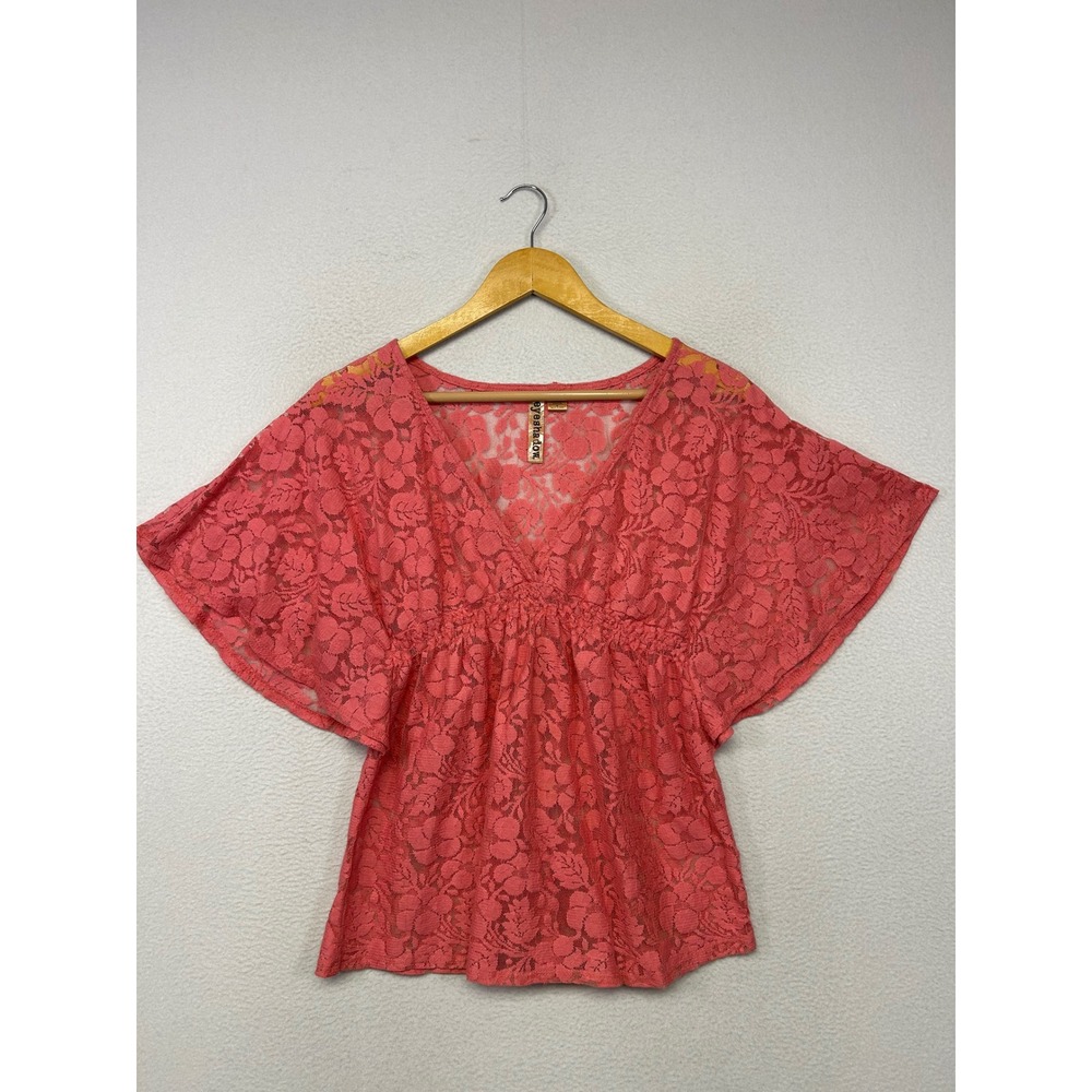 Boho Romantic Eyeshadow Women Medium Coral Pink Floral Lace Flutter Sleeve Top